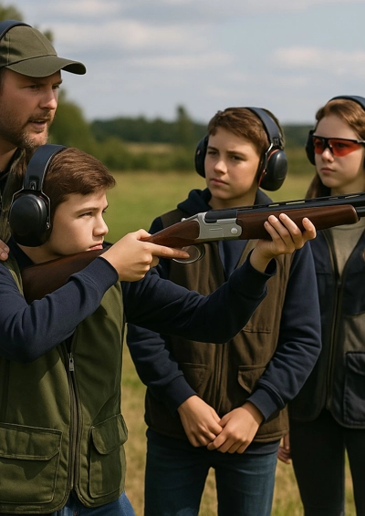 3 unge og instruktør skyder lerduer