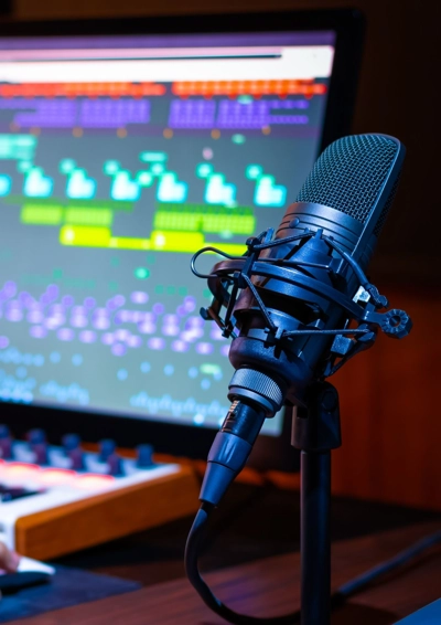 Mikrofon og musikproduktion på computer