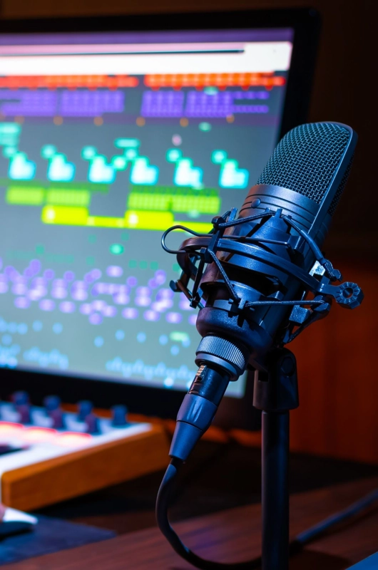 Mikrofon og musikproduktion på computer